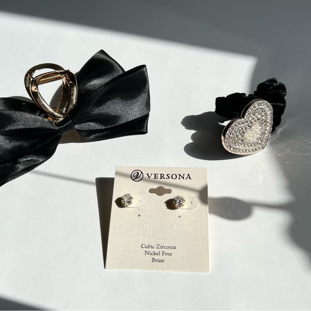 Versona Accessory Set: Stud Earrings, Black Bow Hair clip and Heart Scrunchie